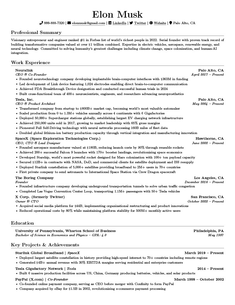 Elon Musk Inspired Resume Template Preview