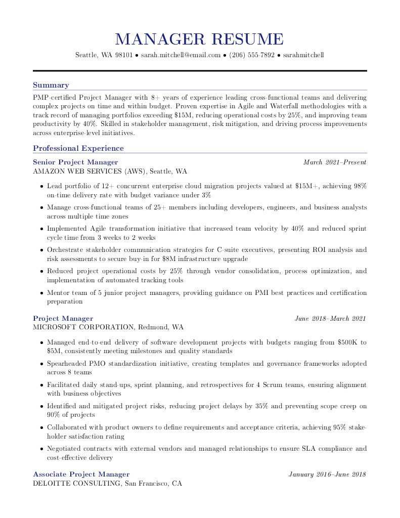 Manager Executive Resume Template Preview