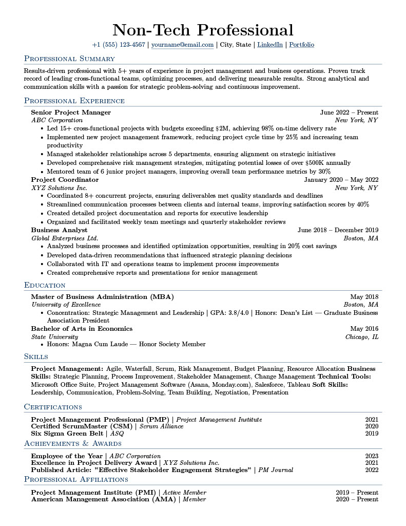 Non-Tech Professional Resume Template Preview