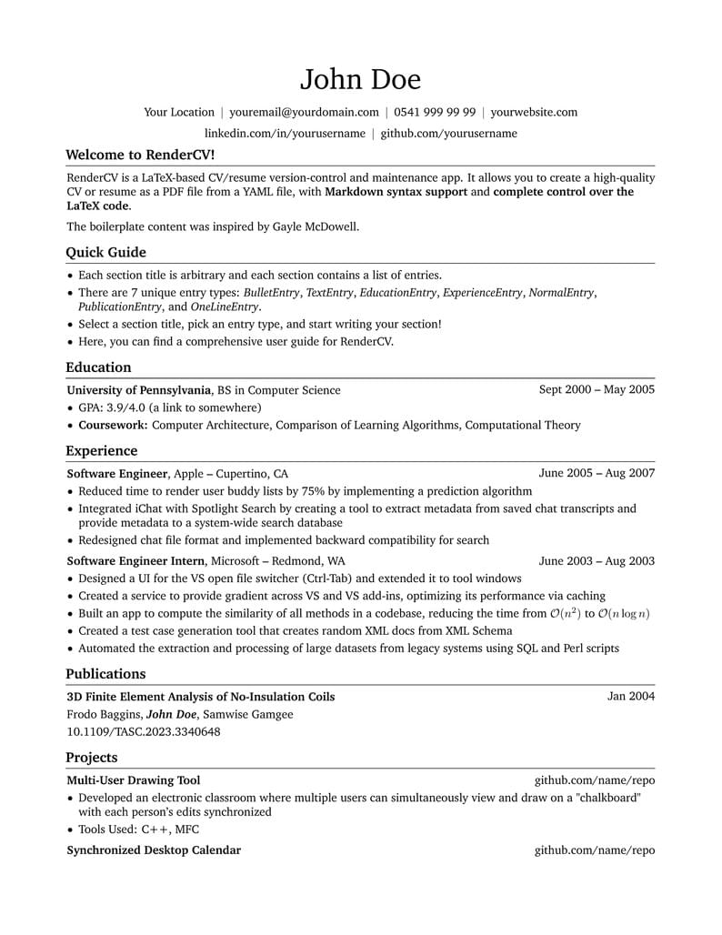 RenderCV Engineering LaTeX Resume Template 
